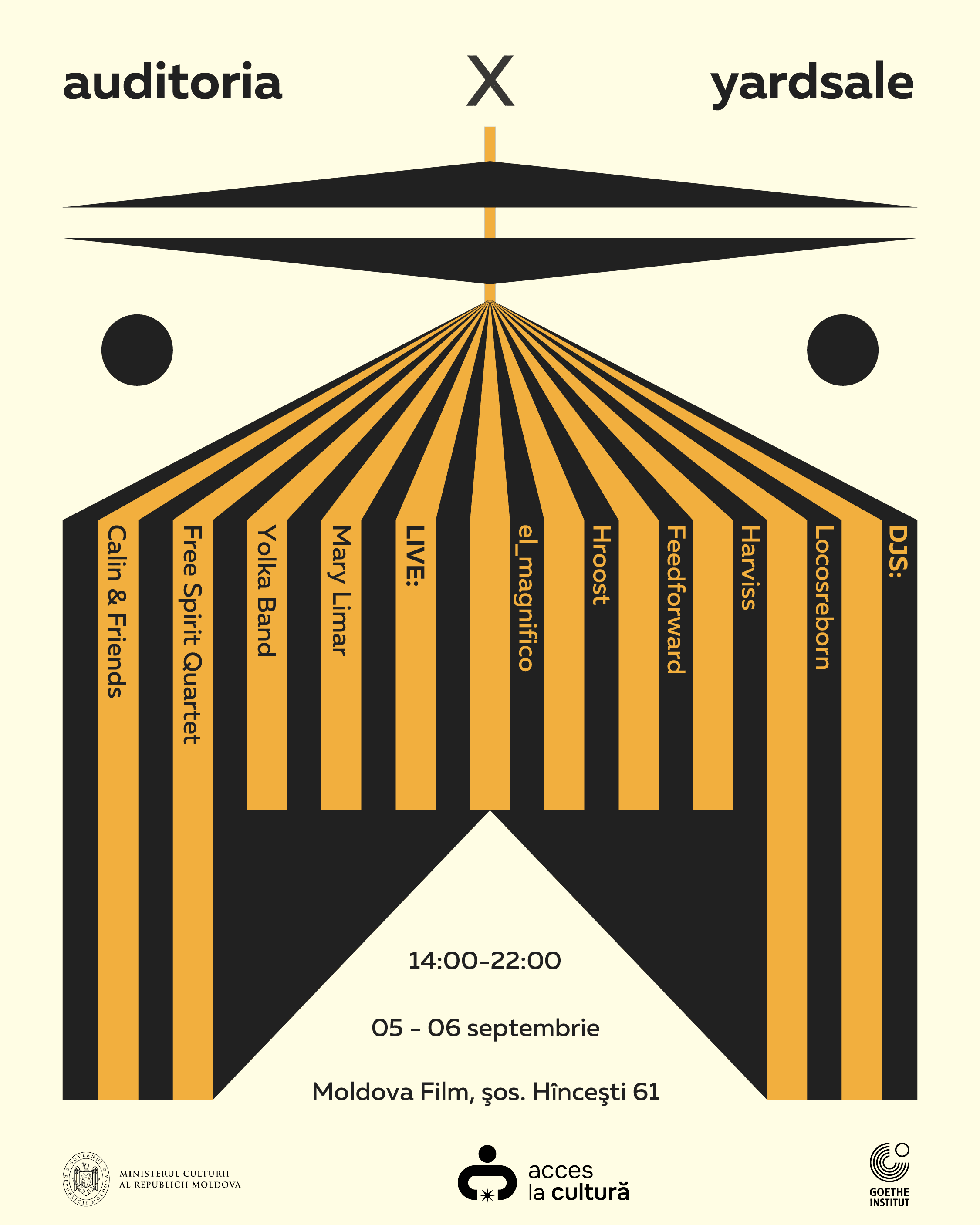 Afișul programului muzical AUDITORIA × YARDSALE pentru 5–6 septembrie la Moldova-Film